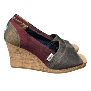 TOMS Vassar Women Multi-Color Cork Wedge Peep Toe Sandals Size 8 Burgundy Gray